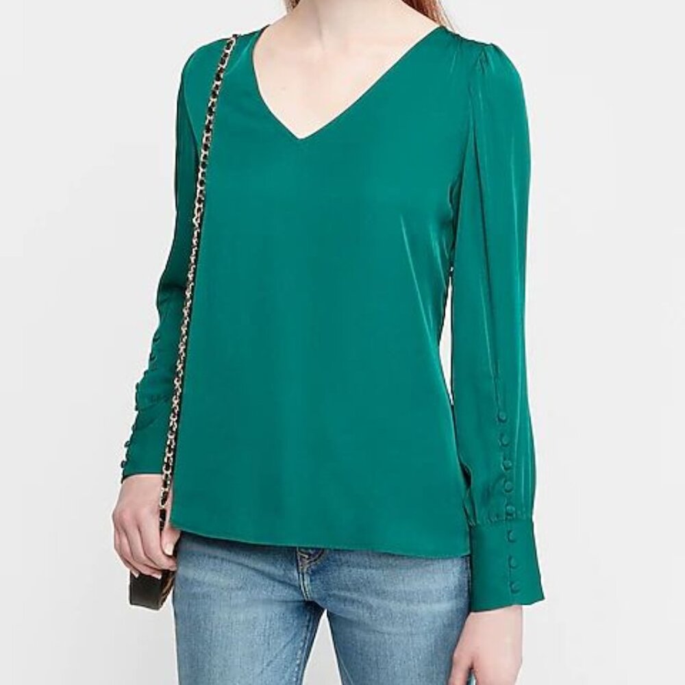 EXPRESS Green Puff Sleeve Shirt Blouse V-Neck